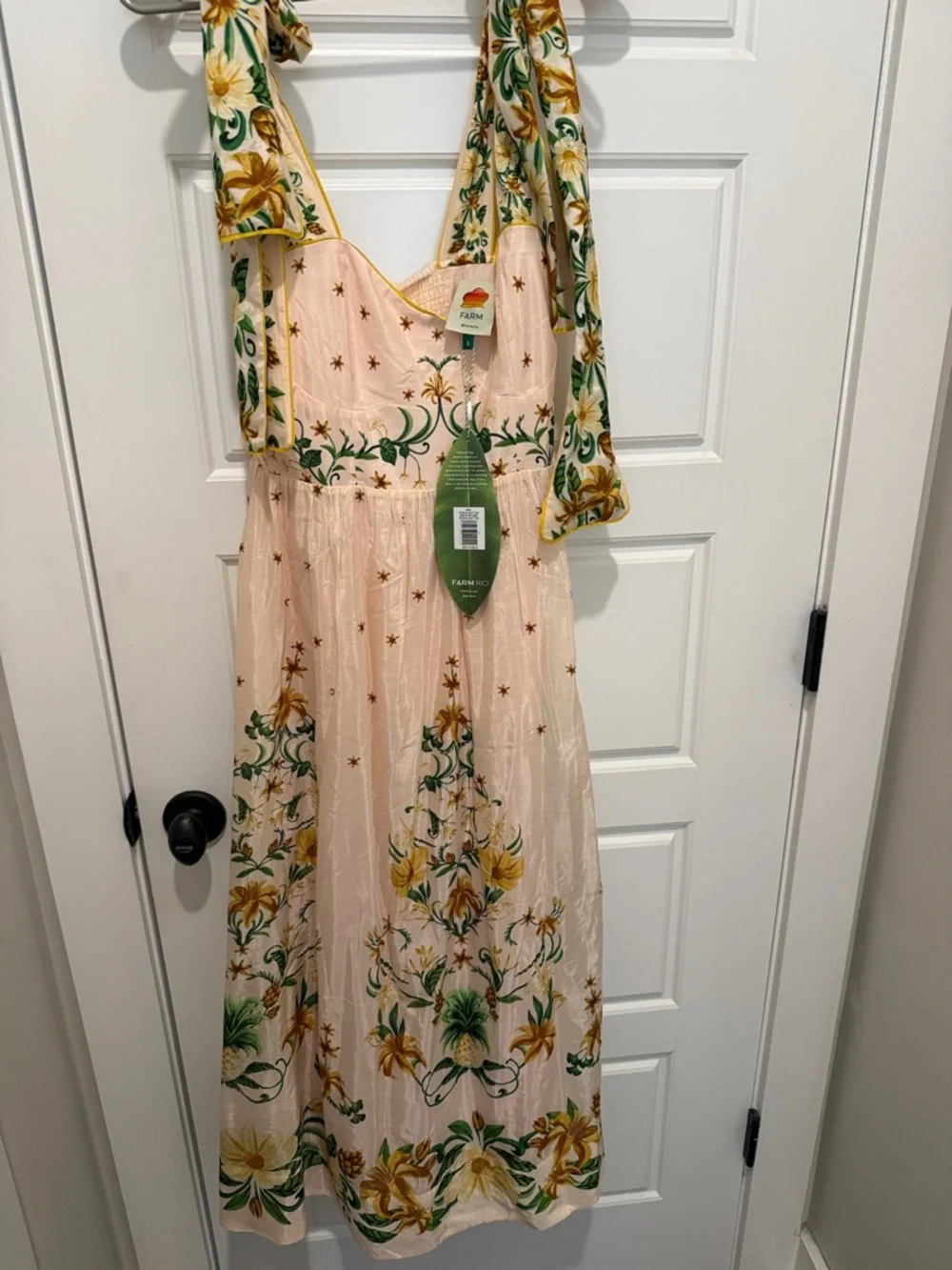 FARM Rio Pale Cream Midi Dress with Green & Yellow Floral Ties - Picture 2 of 5
